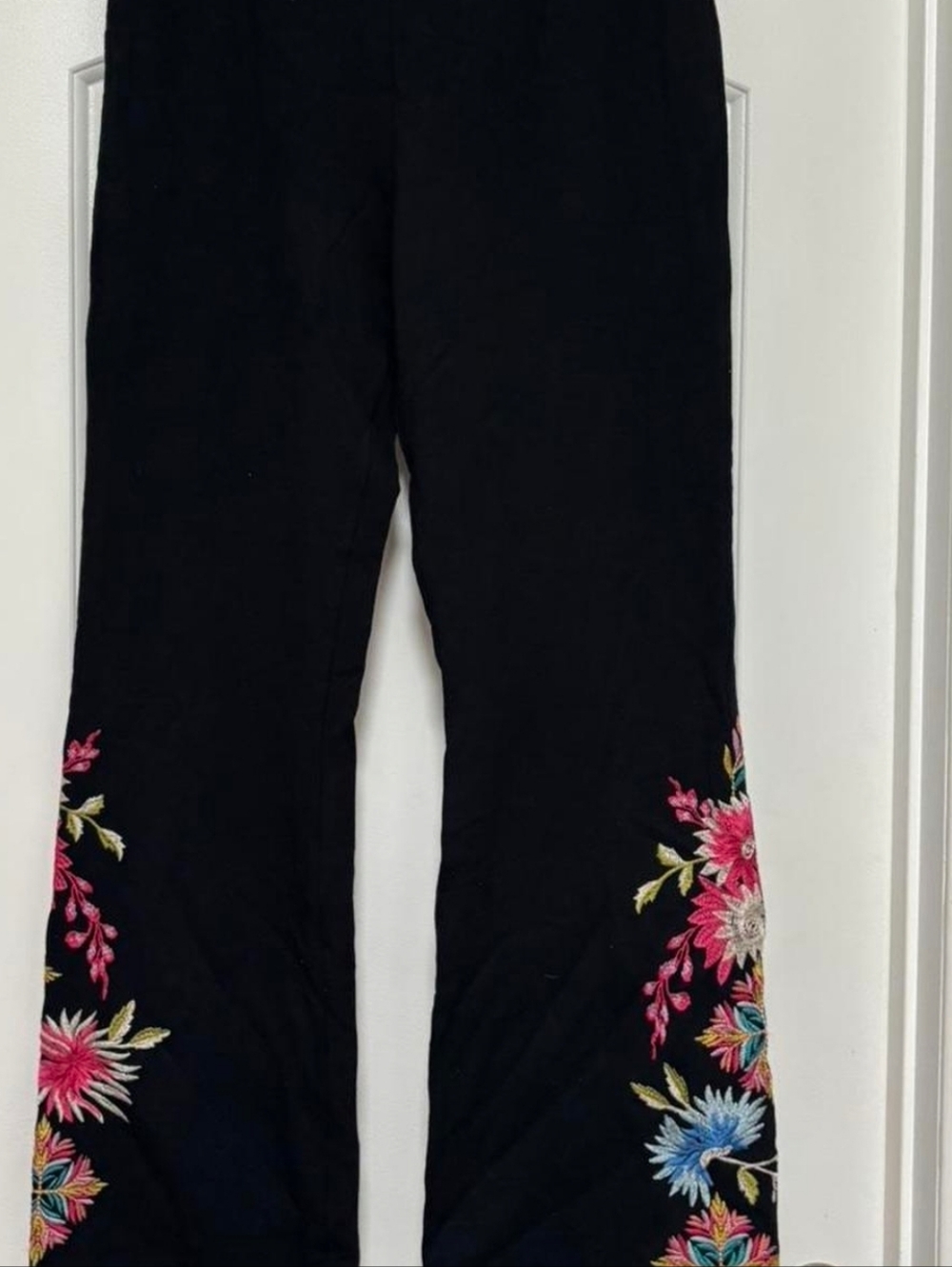 Johnny Was Black Wide-Leg Pants with Multicolor Floral Embroidery - Picture 3 of 4